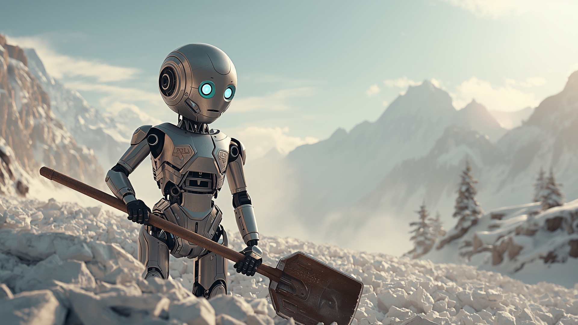 Robot holding a shovel in a snowy mountain landscape