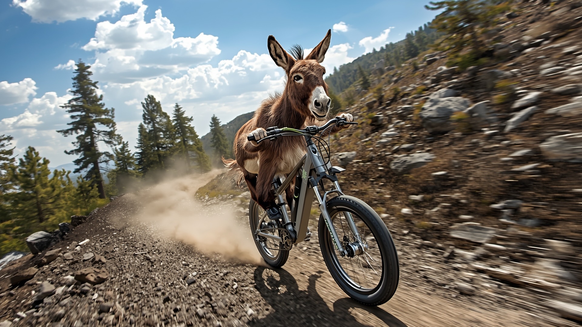 Donkey shredding a mountain trail on an e-bike